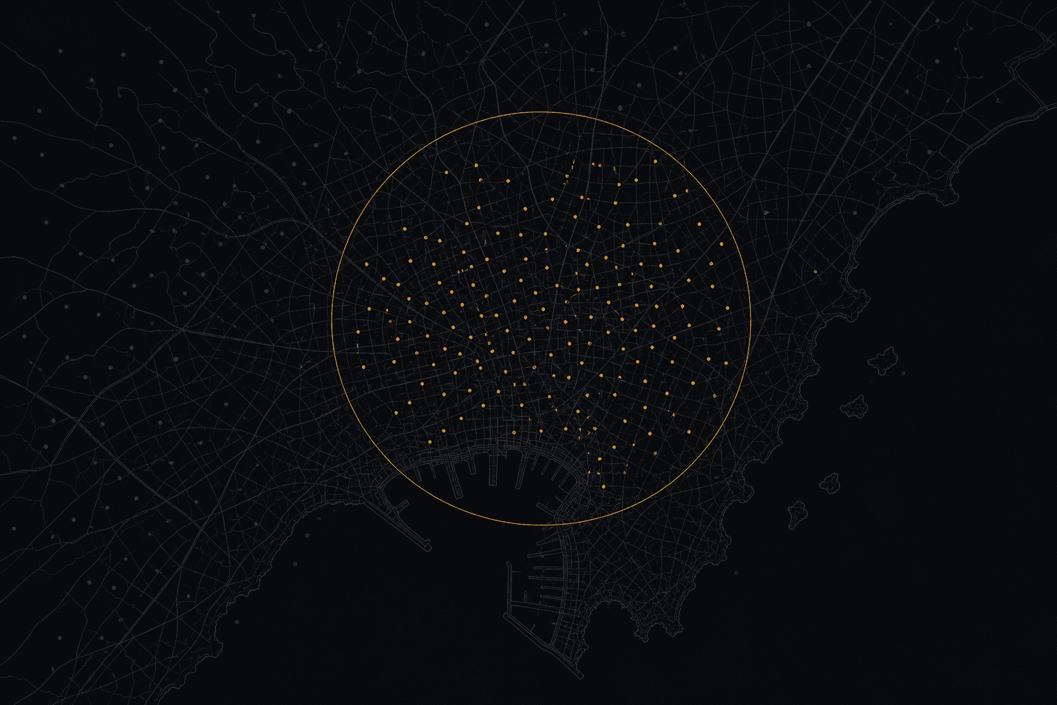 A dark city map with one radius drawn around a centre point. Companies inside the radius are lit in amber; the ones outside are left dark.